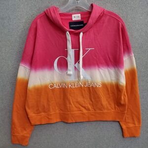 Calvin Klein Women Sweatshirt Medium‎ Orange Ombre Colorblock Hoodie Cropped